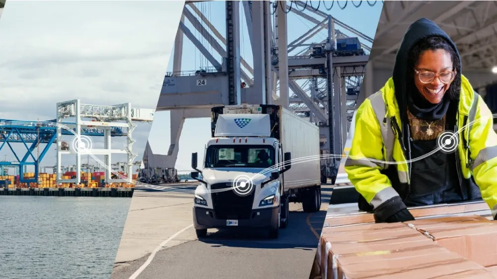 Collage showing the journey of bread and butter from European baking and shipping to U.S. cold storage and retail delivery, supported by Lineage