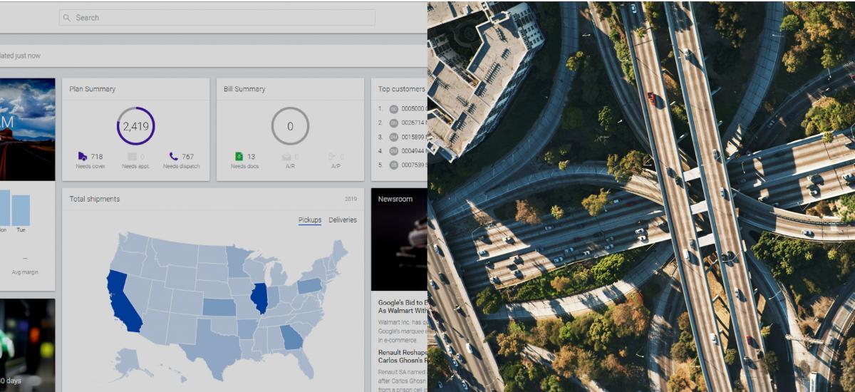 Dual image showing Lineage Link dashboard and aerial shot of highway interchange