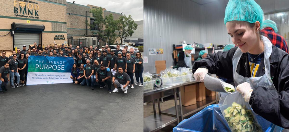 Side by side images showing Lineage volunteers working in and outside a food bank