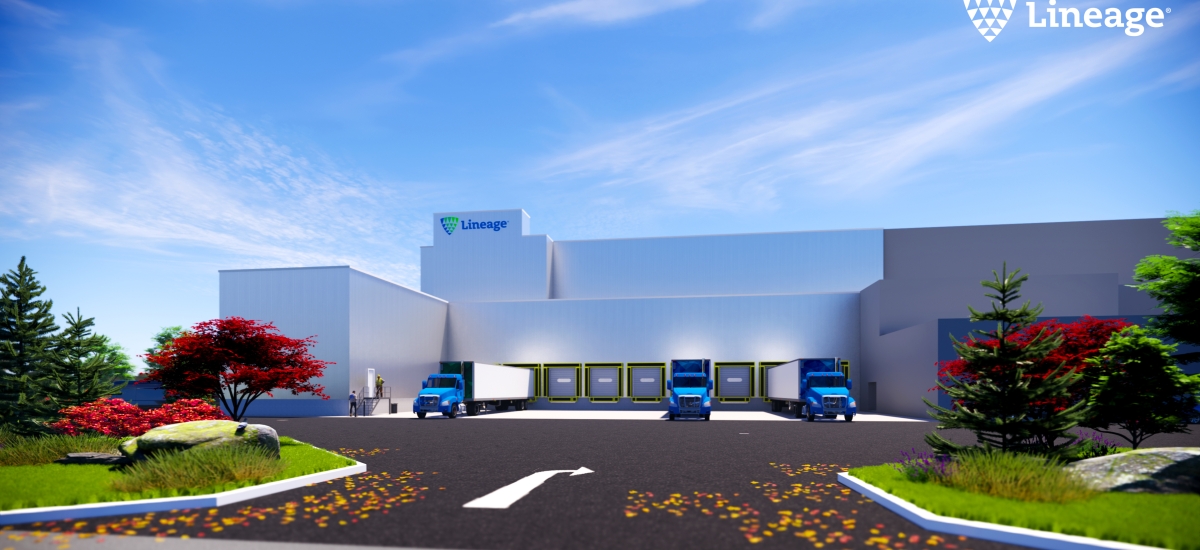 An architectural rendering of Lineage's Calgary Foothills site shows the building with three semi trailers parked at loading docks