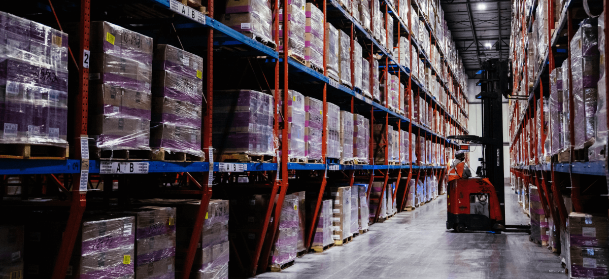 Interior view of a cold storage warehouse with high shelves packed with pallets wrapped in purple plastic, under dim lighting. A forklift is operated by a worker in the central aisle.