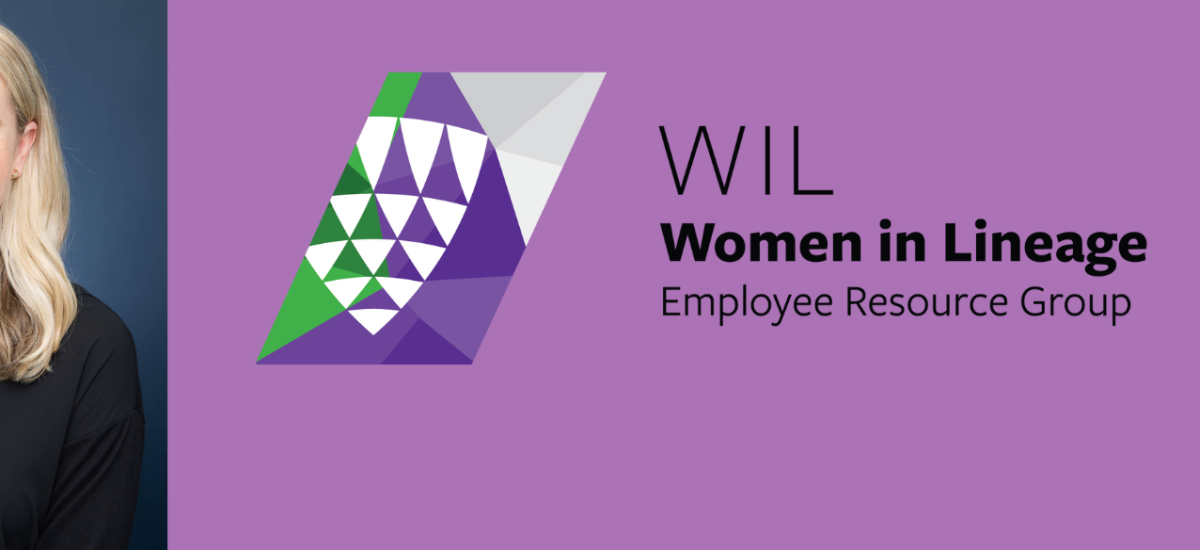 A professional portrait of Caitlin Voegele, Director of Data Science Strategy at Lineage, next to the logo for the Women in Lineage Employee Resource Group.