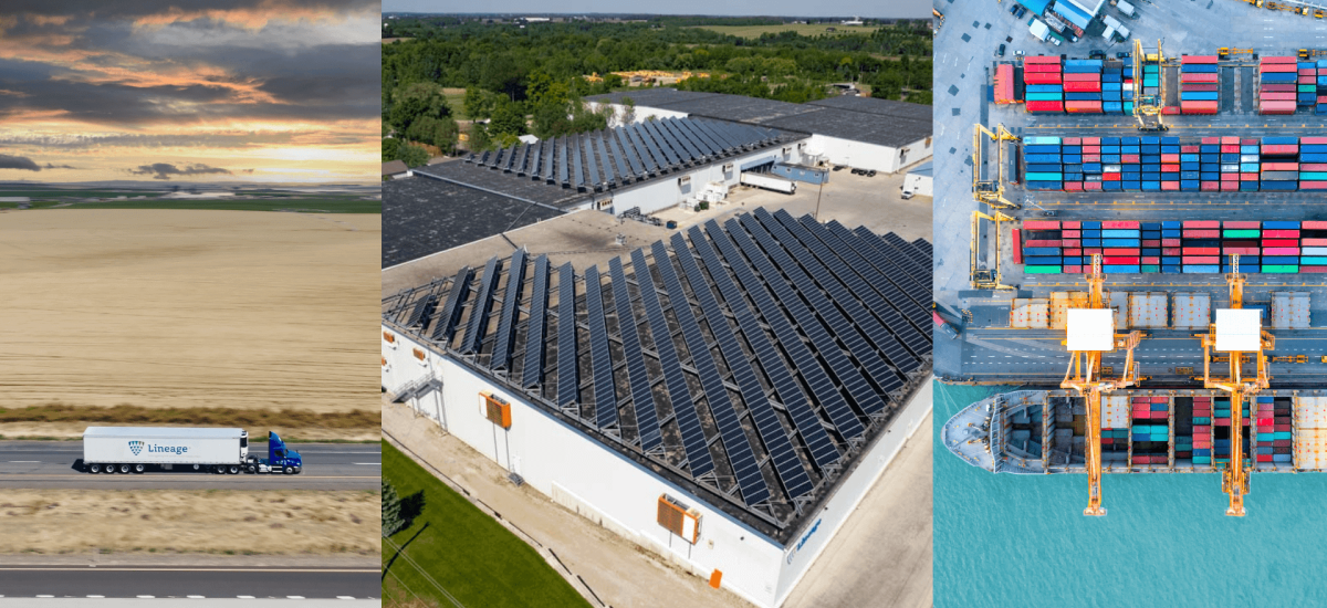Collage of Lineage Logistics’ Canadian cold chain operations, including a refrigerated truck, solar-powered warehouse, and aerial port view with cargo containers.
