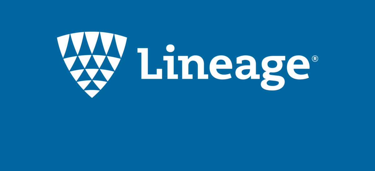 Logotipo blanco de Lineage con marca denominativa y escudo sobre fondo azul.