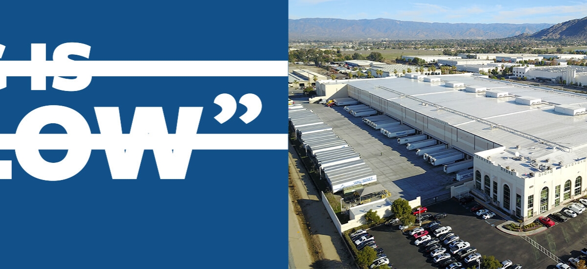 Aerial view of a large Lineage cold storage facility with rows of docked trailers, paired with bold blue text reading “Big is slow” crossed out, challenging the misconception.
