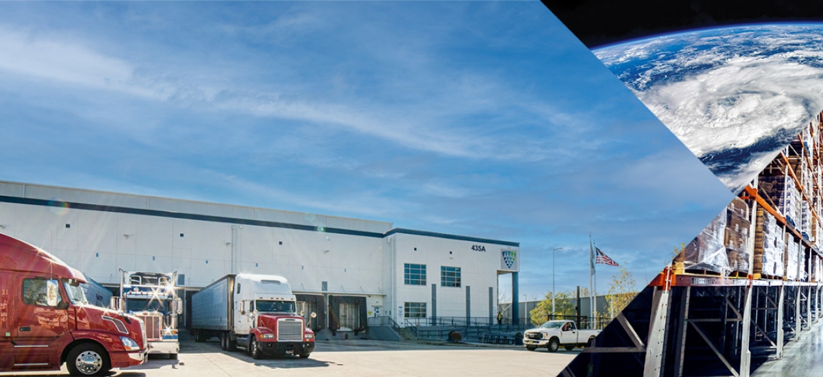 Lineage facility with red and white semi-trucks parked outside under a blue sky, alongside stylized image showing a hurricane from space and a cold storage warehouse interior with tall racking and a forklift operator.