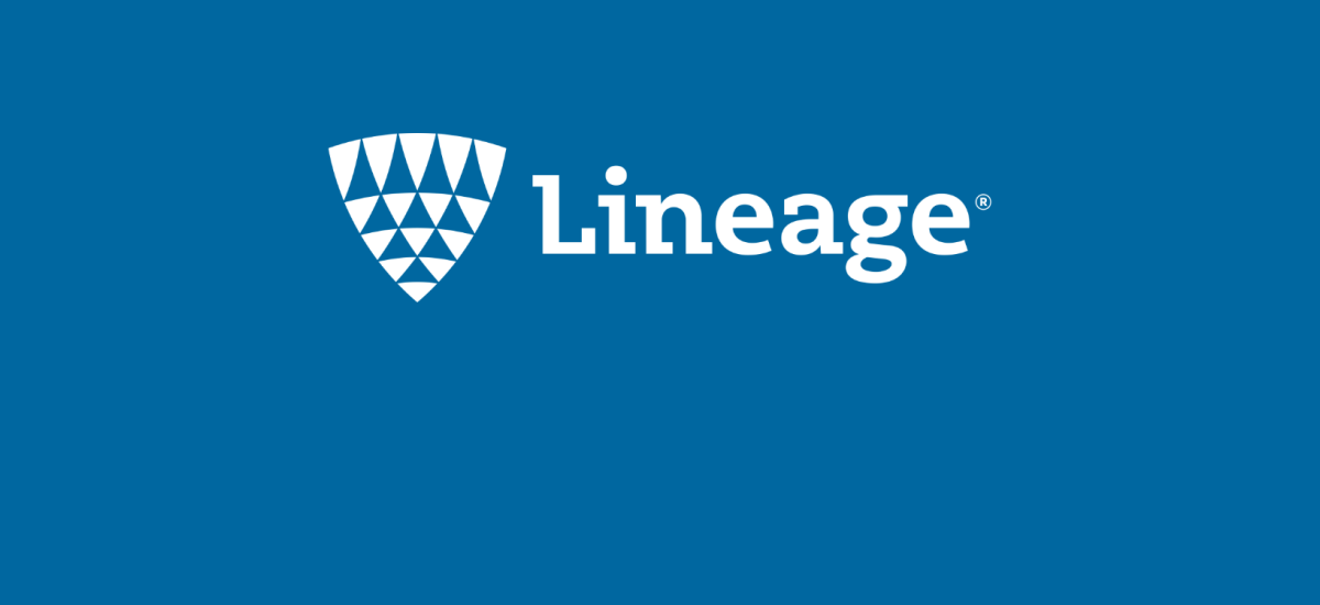 A white Lineage logo with wordmark and shield over a blue background