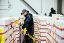 Women labeling pallets in ballcap