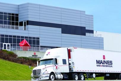 maines paper and food semi truck in front of office building