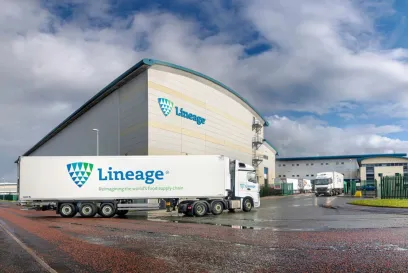 Lineage semi truck in front of cold storage warehouse