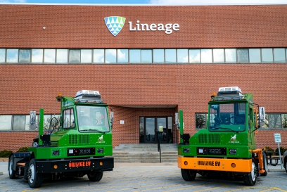 electric yard goats in front of Lineage Logistics building