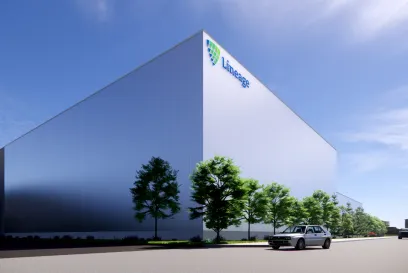 An architectural rendering shows the exterior of the facility expansion project of Lineage's Foothills site in Calgary