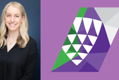 A professional portrait of Caitlin Voegele, Director of Data Science Strategy at Lineage, next to the logo for the Women in Lineage Employee Resource Group.