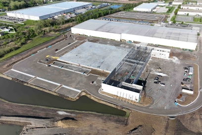 A drone shot of construction happening at a Lineage facility in Hobart, Indiana shows the building is well underway