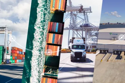 Visual representation of shrimp's journey from harvesting at sea, processing, ocean shipping, port arrival, cold storage facility handling, to final plating as fresh seafood, illustrating Lineage’s cold chain logistics.