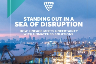 Graphic reading “Standing Out in a Sea of Disruption – How Lineage Meets Uncertainty with Unmatched Solutions,” over a photo of a cargo port with shipping containers and cranes at dusk.