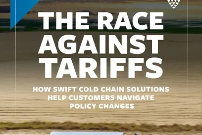 Semirremolque de Lineage circulando por una carretera rural bajo un cielo dramático, con texto superpuesto que dice "La carrera contra los aranceles: cómo las soluciones Swift para la cadena de frío ayudan a los clientes a sortear los cambios de política".