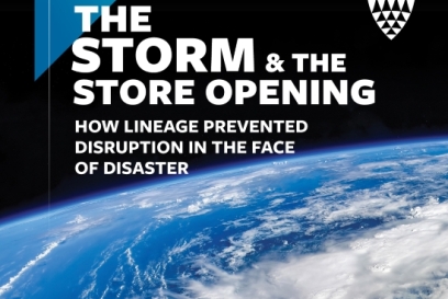 Satellite image of a powerful storm system over the Earth with the text “The Storm & The Store Opening – How Lineage Prevented Disruption in the Face of Disaster.”