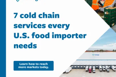 Graphic promoting Lineage’s article on the 7 cold chain services every U.S. food importer needs, featuring warehouse and cold storage imagery with a CTA to learn how to reach more markets.