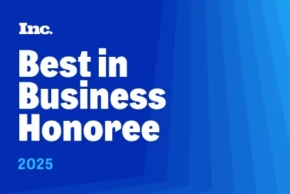 White text reads Inc. Best In Business Honoree 2025 on a blue background that transitions from dark blue to lighter blue tones