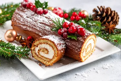 A chocolate yule log cake decorated with cranberries, holly and powdered sugar on a holiday-themed plate.