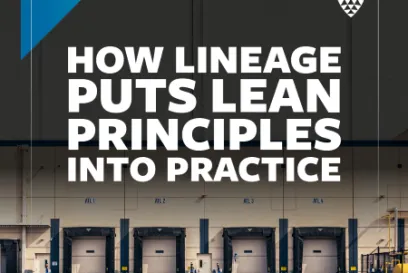 Cover image for a Lineage case study titled “How Lineage puts Lean principles into practice,” shown over a cold storage facility loading dock.