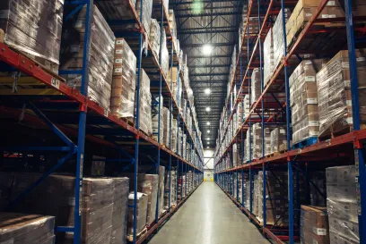 Túnel de congelación rápida en el interior de un almacén frigorífico con productos alimenticios paletizados almacenados en estanterías de gran altura, que ilustra el proceso de congelación rápida a temperatura controlada y la preservación de la cadena de frío.