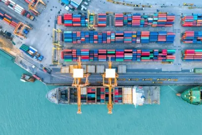 Aerial view of cargo containers and ships at a port terminal supporting global freight forwarding and international cold chain logistics.