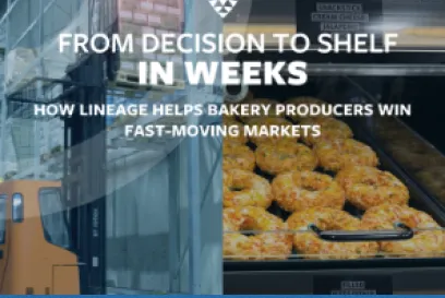 Cover image for a Lineage case study featuring trays of frozen baked goods on a production line beside a cold storage warehouse, illustrating how bakery producers accelerate products from decision to retail shelves through an integrated cold chain.