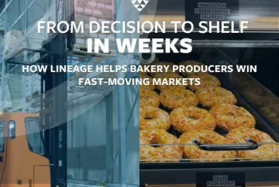 Cover image for a Lineage case study featuring trays of frozen baked goods on a production line beside a cold storage warehouse, illustrating how bakery producers accelerate products from decision to retail shelves through an integrated cold chain.