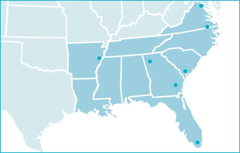 Southeast landing page region logistics facilities map