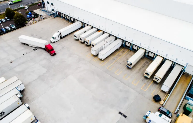Aerial view of Lineage facility with refrigerated trucks loading and unloading at multiple docks, representing foodservice distribution and last-mile delivery operations.